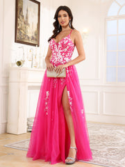 Spaghetti Straps Lace Appliques Long Prom Dress With Split