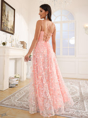 Spaghetti Straps A-Line Appliques Floor Length Prom Dress With Split