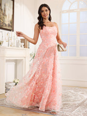 Spaghetti Straps A-Line Appliques Floor Length Prom Dress With Split