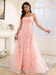 Spaghetti Straps A-Line Appliques Floor Length Prom Dress With Split