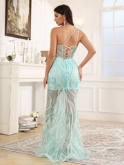 Trumpet/Mermaid One Shoulder See-Through Long Prom Dress