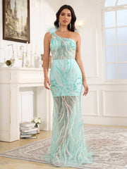 Trumpet/Mermaid One Shoulder See-Through Long Prom Dress