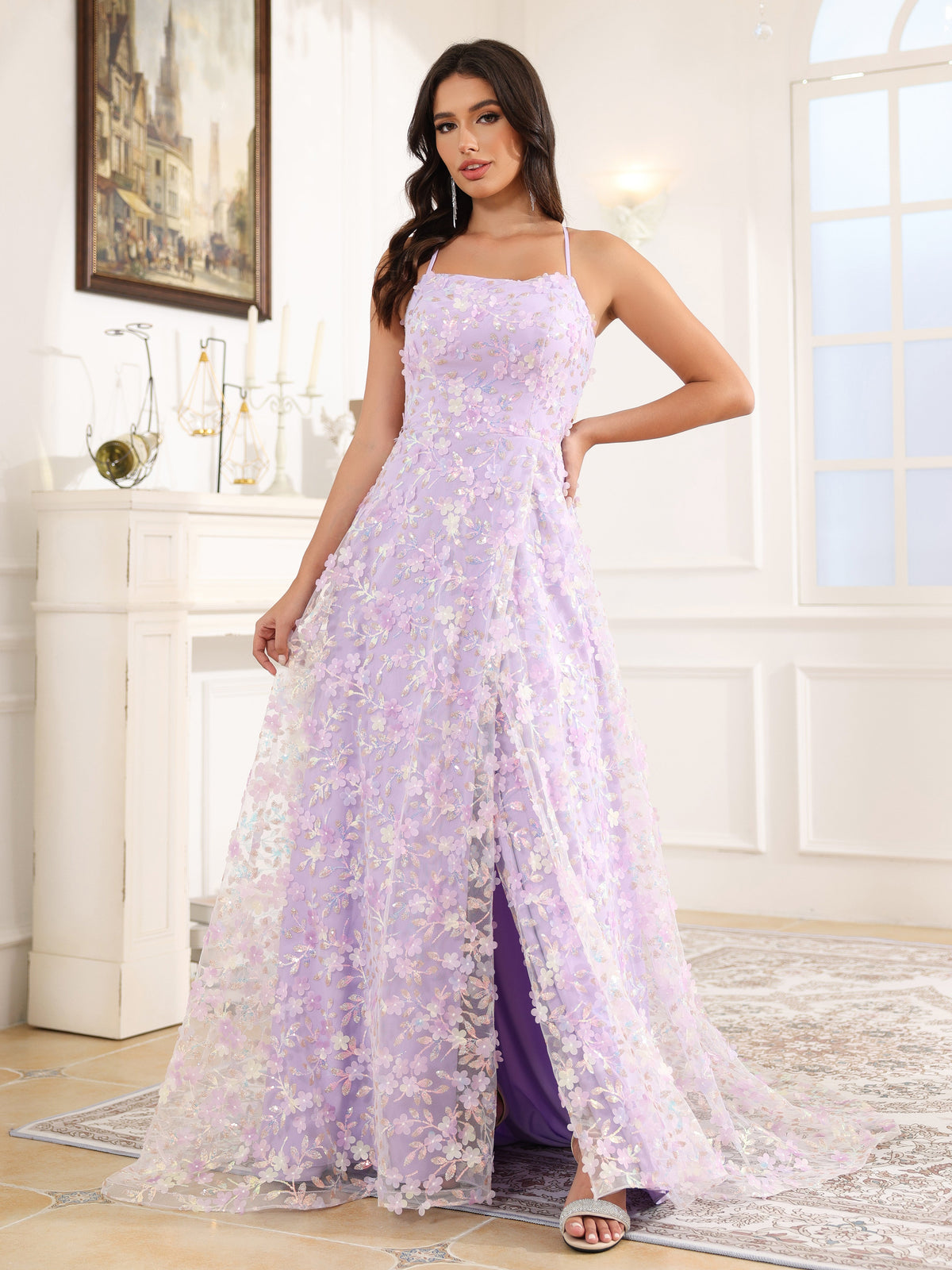 A-Line Lace Up Court Train Prom Dress