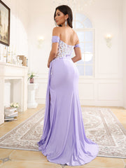 Off The Shoulder Pleated Long Prom Dresses With Split