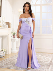 Off The Shoulder Pleated Long Prom Dresses With Split