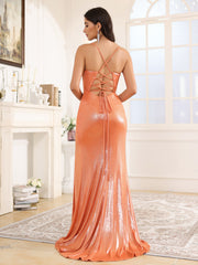 Sleeveless Straps Cowl Pleated Long Prom Dresses With Split