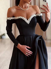 Aimishang A-Line Sexy Evening Dress Formal Prom Dress Sweep/Brush Train Long Sleeve Off Shoulder Satin with Pearls Slit