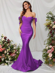 Mermaid off shoulder knot side fold front and floor length formal dresses