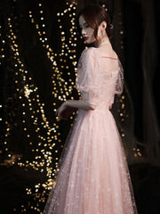 Pink tulle lace long prom dress, pink tulle evening dress