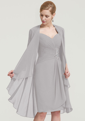 Scalloped Neck 34 Sleeve Knee-Length Chiffon Mother of the Bride Dress With Pleated Beading Appliqued