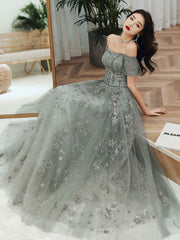 Gray green tulle lace long prom dress gray green evening dress