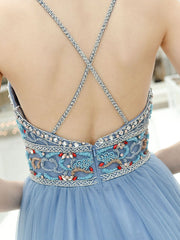 Blue backless tulle long prom dress, blue tulle formal dress