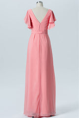 Pink Chiffon Ruffled Sleeves Backless Bridesmaid Dress