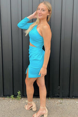 Cobalt Blue One-Sleeve Cutout Short Cocktail Dress