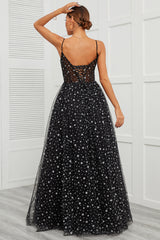 Black Star Sequins Sheer Bodice A-Line Long Prom Dress