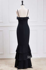 Black Spaghetti Strap Ruffle Multi-Layer Maxi Dress