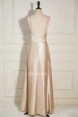Champagne Cowl Neck A-Line Long Dress with Spaghetti Straps