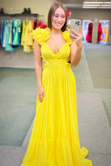 Magenta Chiffon Lace-Up Ruffle Belted A-Line Prom Dress