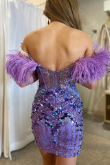 Lavender Sequin-Embroidery Short Party Dress with Feathers
