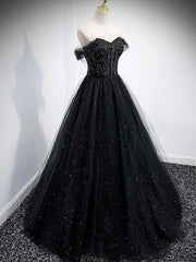 Black tulle sequin long prom dress, black tulle formal dress