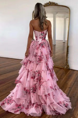 Princess Floral Print Sweetheart Tiered Ruffles Prom Dress
