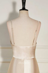 Champagne Cowl Neck A-Line Long Dress with Spaghetti Straps