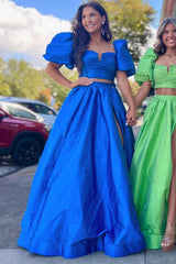 Two-Piece Green Puff Sleeve Tie-Back Long Prom Dress
