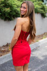 Red Sweetheart Short Party Dress with Cut Glass Mirrors