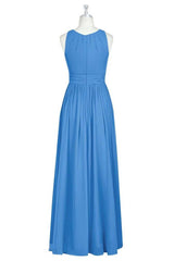 Blue Crew Neck Sleeveless A-Line Long Maid of Honor Dress