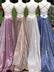 Simple Glitter Prom Dresses Spaghetti Strap Split Homecoming Dresses