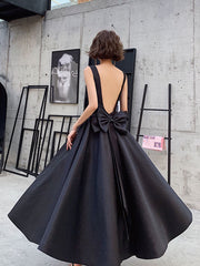 Black satin tea length prom dress black satin evening dress