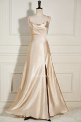 Champagne Cowl Neck A-Line Long Dress with Spaghetti Straps