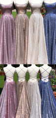 Simple Glitter Prom Dresses Spaghetti Strap Split Homecoming Dresses