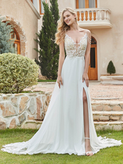 Chiffon lace A-line button wedding dress