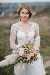 Two Piece Bohemian Illusion Sleeves Lace Court Train Wedding Dress