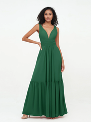 Deep V-neck chiffon layered skirt Bohemian style dress