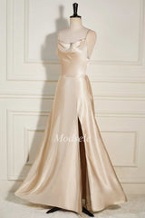 Champagne Cowl Neck A-Line Long Dress with Spaghetti Straps