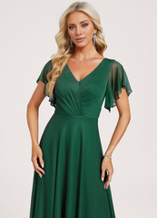 Ruffled A-line V-neck Floor-length Mesh Bridesmaids Dress