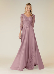 A-line V-neck lace chiffon and floor length mother of the bride dress