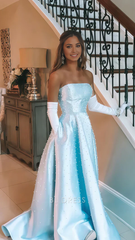 A-line Strapless Beaded Light Beautiful Blue Pearl formal dresses Bridesmaid Dresses evening gown Prom Dress