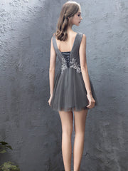 Cute gray tulle lace short prom dress, homecoming dress