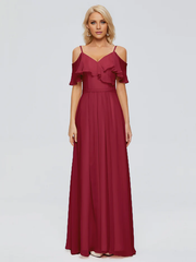 Thin shoulder strap ruffled chiffon and floor length bridesmaid dress