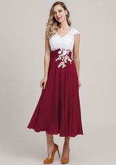 Chiffon Mother of the Bride Dress A-linePrincess V Neck Short Sleeve Tea-Length With Lace Short