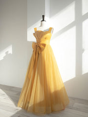 Simple yellow tulle long prom dress, yellow tulle formal dress