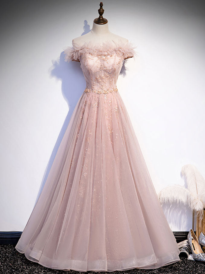 Pink tulle lace long prom dress, pink tulle formal dress