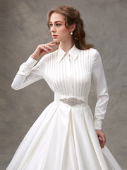 Ball Gown Wedding Dresses High Neck  Satin Long Sleeve Glamorous Sparkle & Shine with Bowknot Sash  Ribbon Beading