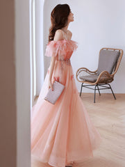 Pink tulle off shoulder long prom dress, pink tulle formal dress