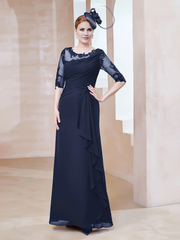 Low round lace neckline with ruffled edges, tight fitting mother of the bride dress