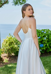A-line spoon collar front slit and floor length evening gown
