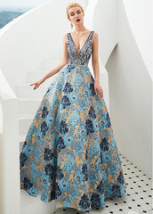 Tulle V-neck A-line Floral Formal & Evening Dress with Beading